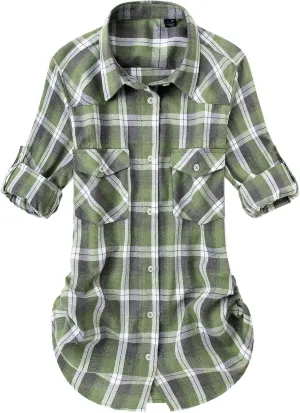 Alimens & Gentle Womens Plaid Flannel Shirts Long Sleeve Roll Up Casual Button Down Shirt