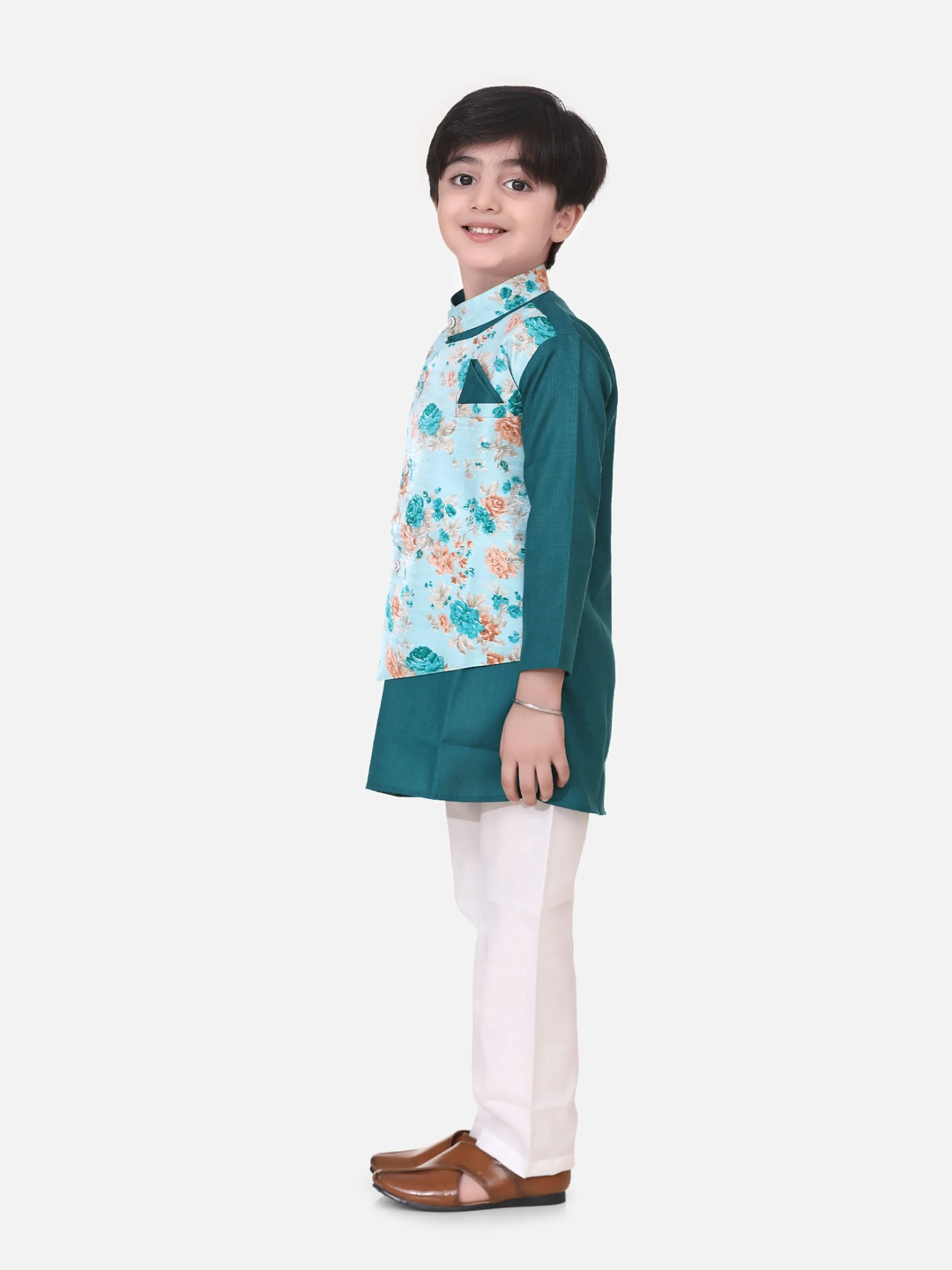 Attached Floral Print Jacket Cotton Kurta Pyjama For Boys-Green