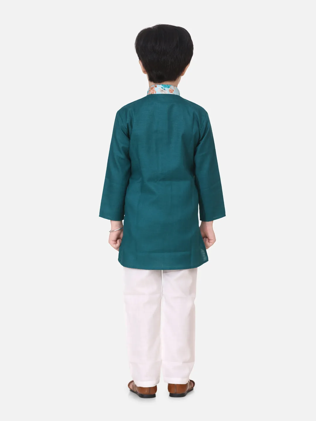 Attached Floral Print Jacket Cotton Kurta Pyjama For Boys-Green