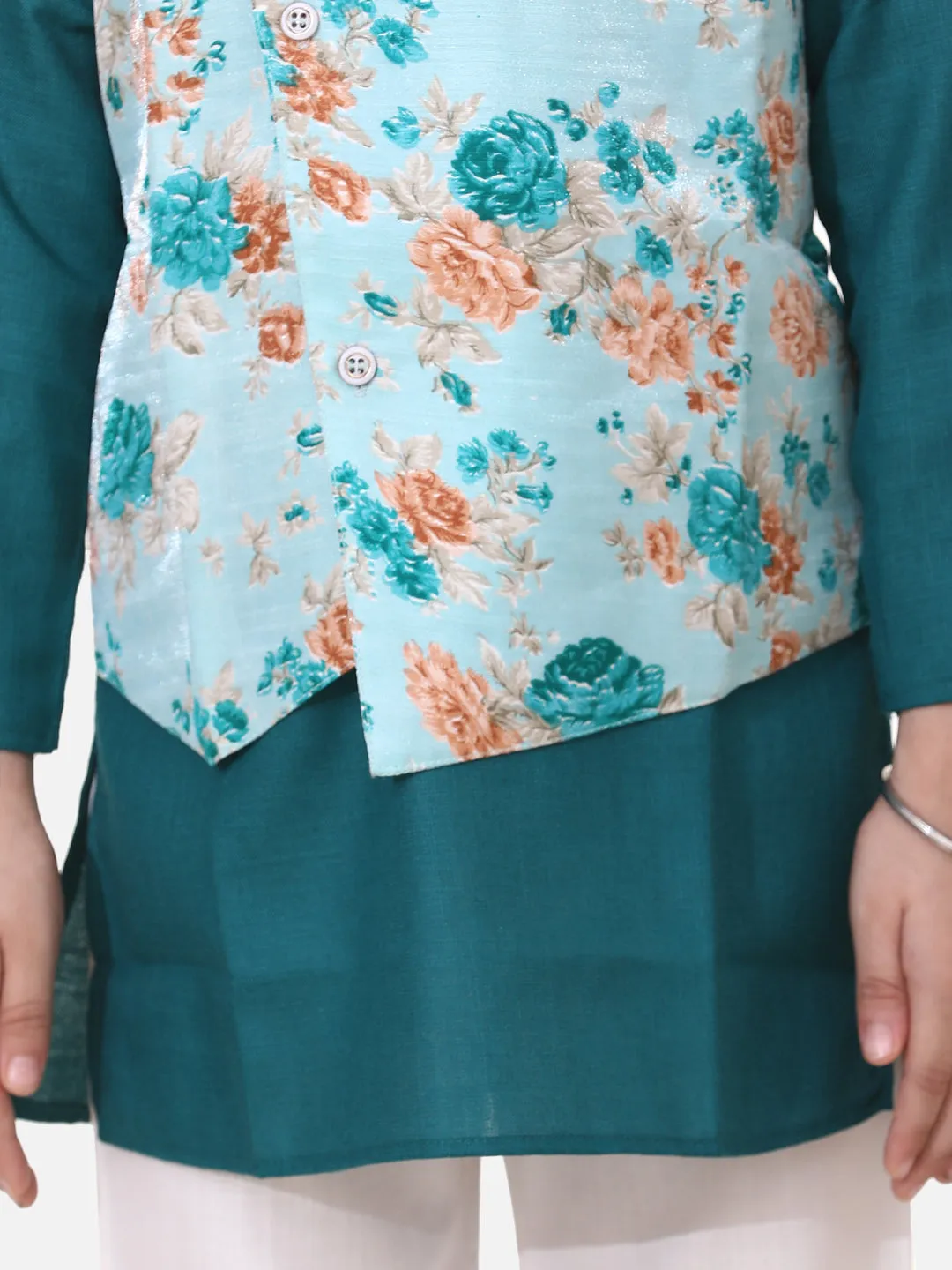 Attached Floral Print Jacket Cotton Kurta Pyjama For Boys-Green