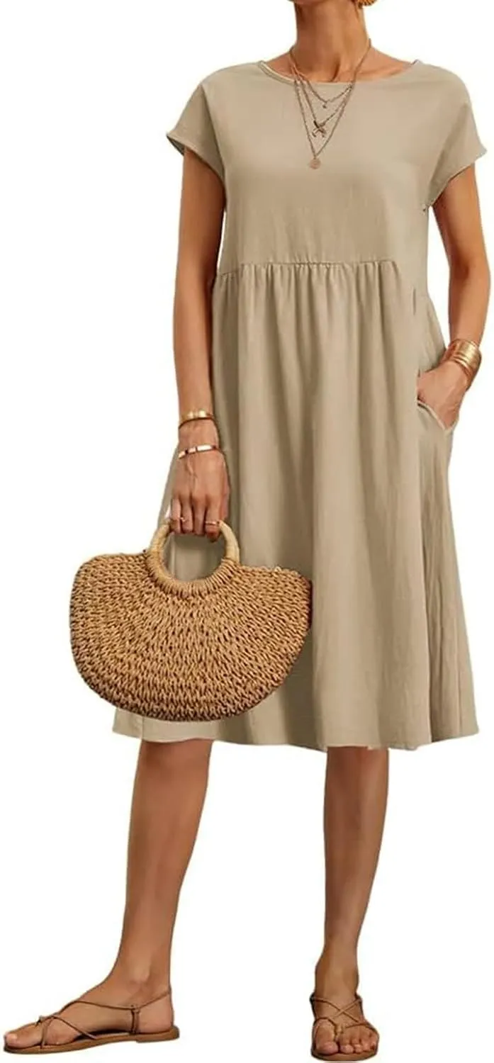 BIRW Cotton Linen Dresses for Women 2025 Summer Casual A Line Flowy Dress Beach Vacation Midi Gauze Dress with Pockets