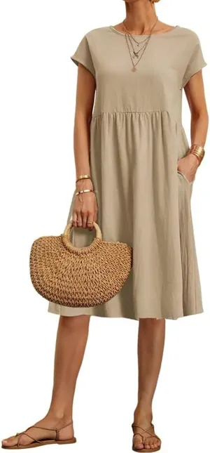 BIRW Cotton Linen Dresses for Women 2025 Summer Casual A Line Flowy Dress Beach Vacation Midi Gauze Dress with Pockets
