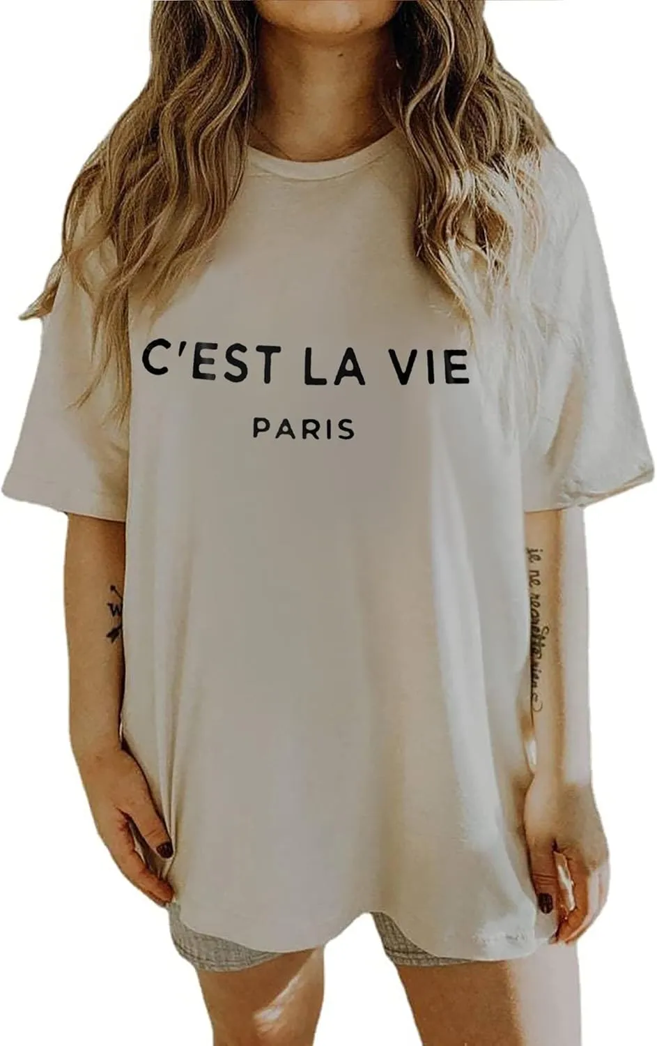 CSDAJIO Women's Casual Short Sleeve Loose Shirt Oversized T-Shirt Trendy Going Out Crew Neck Summer Graphic Tees