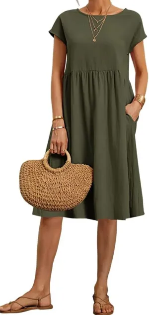 Dresses for Women 2024 Summer Cotton Linen Solid Gauze Dress Loose Casual Beach Vacation Flowy Midi Dress with Pockets