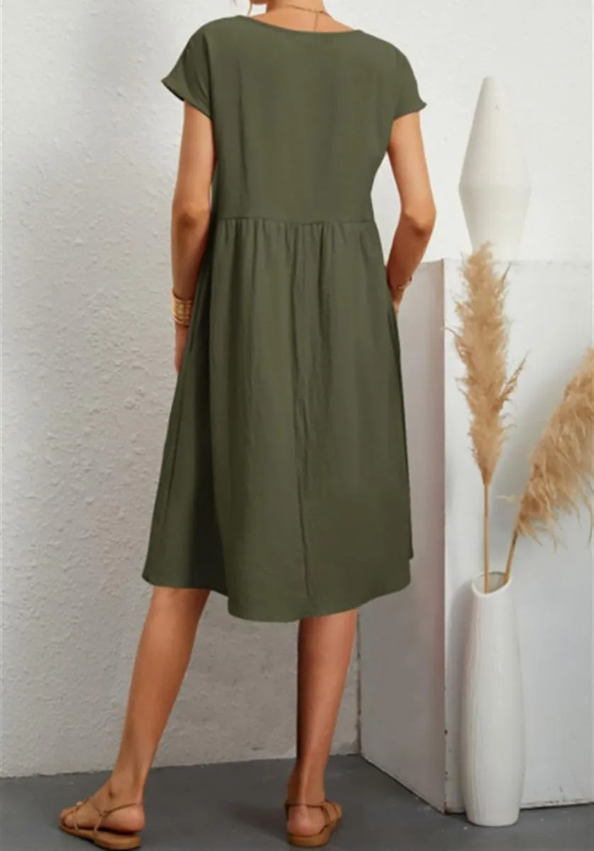 Dresses for Women 2024 Summer Cotton Linen Solid Gauze Dress Loose Casual Beach Vacation Flowy Midi Dress with Pockets