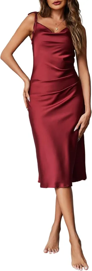 Ekouaer Women's Nightgown Satin Slip Dress Sexy Lingerie Sleepwear Long Slip Silk Midi Dress Spaghetti Strap S-XXL