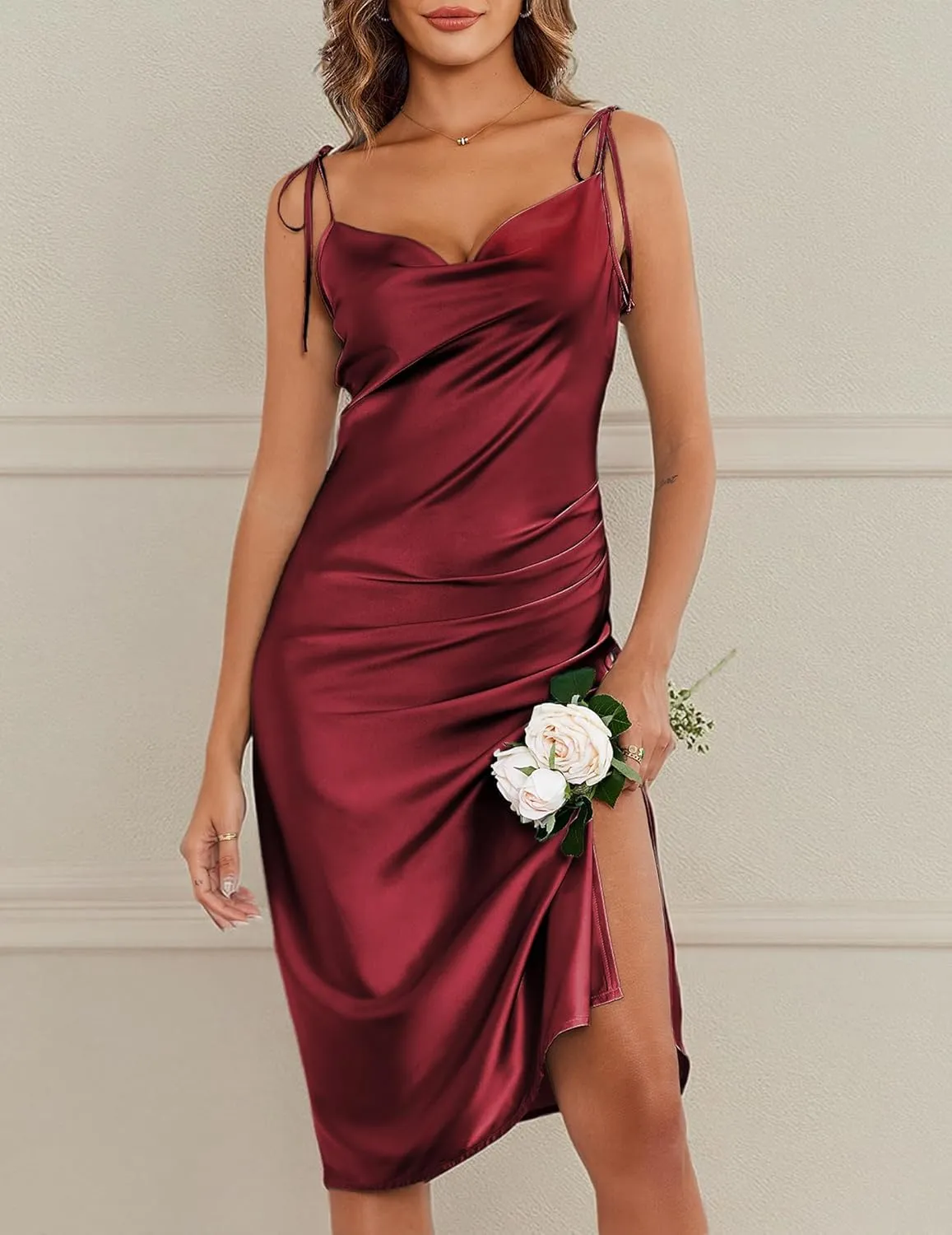 Ekouaer Women's Nightgown Satin Slip Dress Sexy Lingerie Sleepwear Long Slip Silk Midi Dress Spaghetti Strap S-XXL