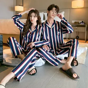 elvesmall  Fashion Design Pajamas Suit Women Men Ice Silk Long Sleeves Home Colth Couples Satin Thin Sleepwear Set Cool Summer Male Female