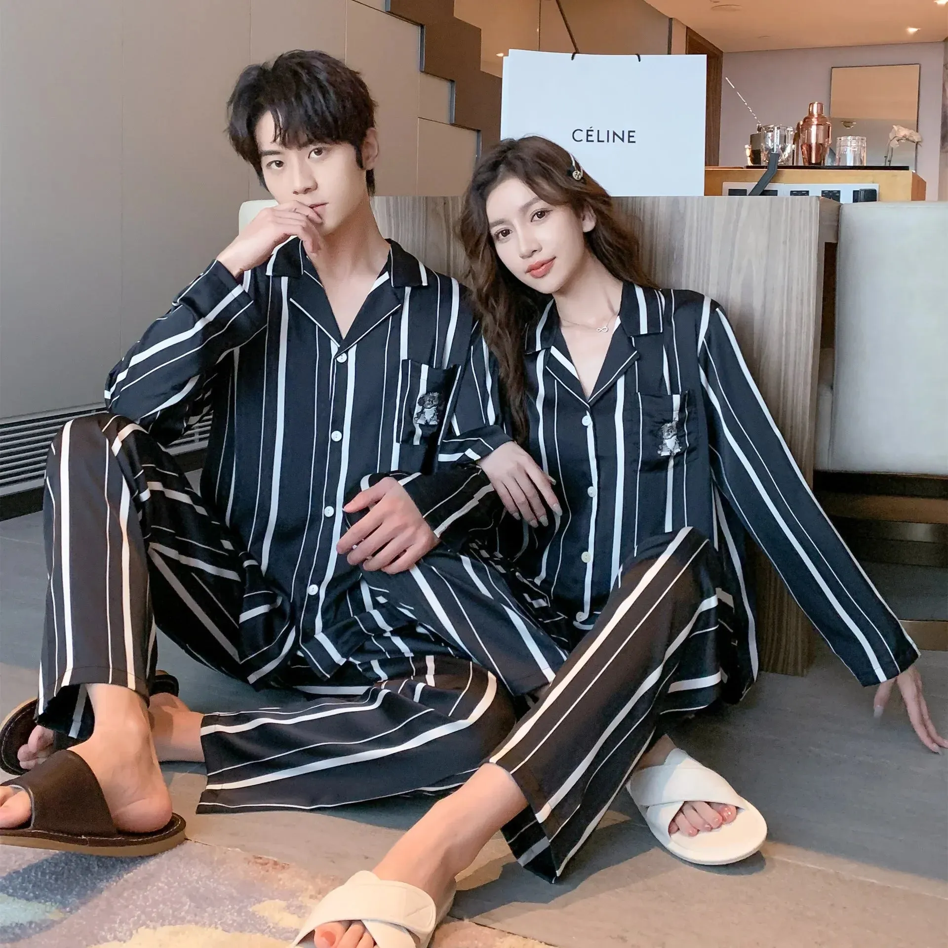 elvesmall  Fashion Design Pajamas Suit Women Men Ice Silk Long Sleeves Home Colth Couples Satin Thin Sleepwear Set Cool Summer Male Female