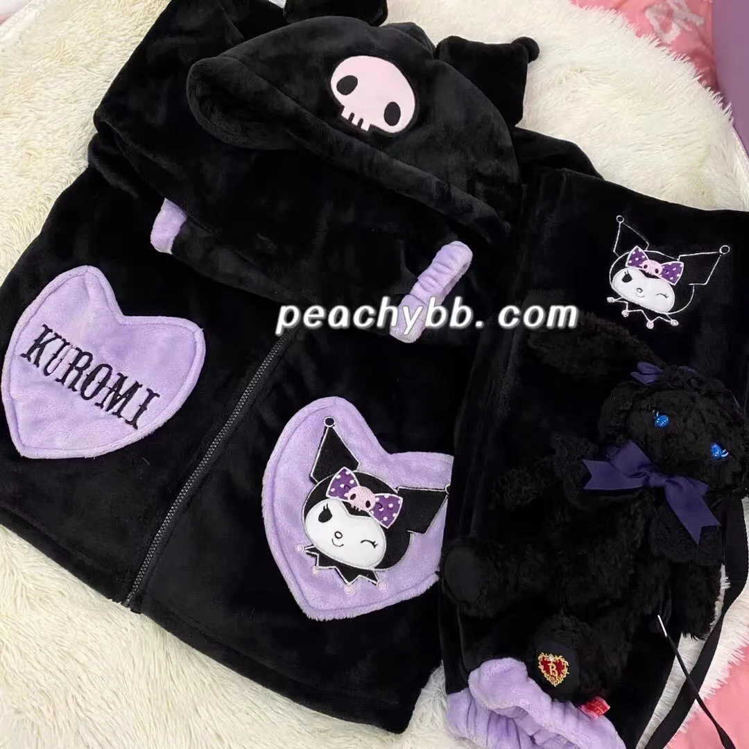 Kuromi Inspired Black Plush Hooded Pajama Night Gown Pyjamas with Heart Shape Pockets Cute Kawaii