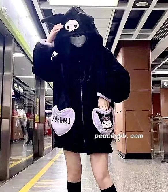 Kuromi Inspired Black Plush Hooded Pajama Night Gown Pyjamas with Heart Shape Pockets Cute Kawaii