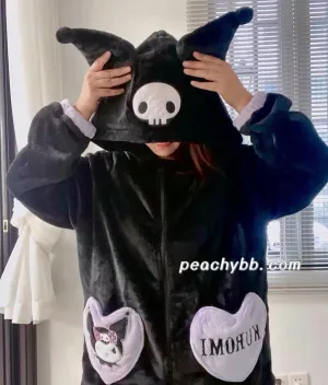 Kuromi Inspired Black Plush Hooded Pajama Night Gown Pyjamas with Heart Shape Pockets Cute Kawaii