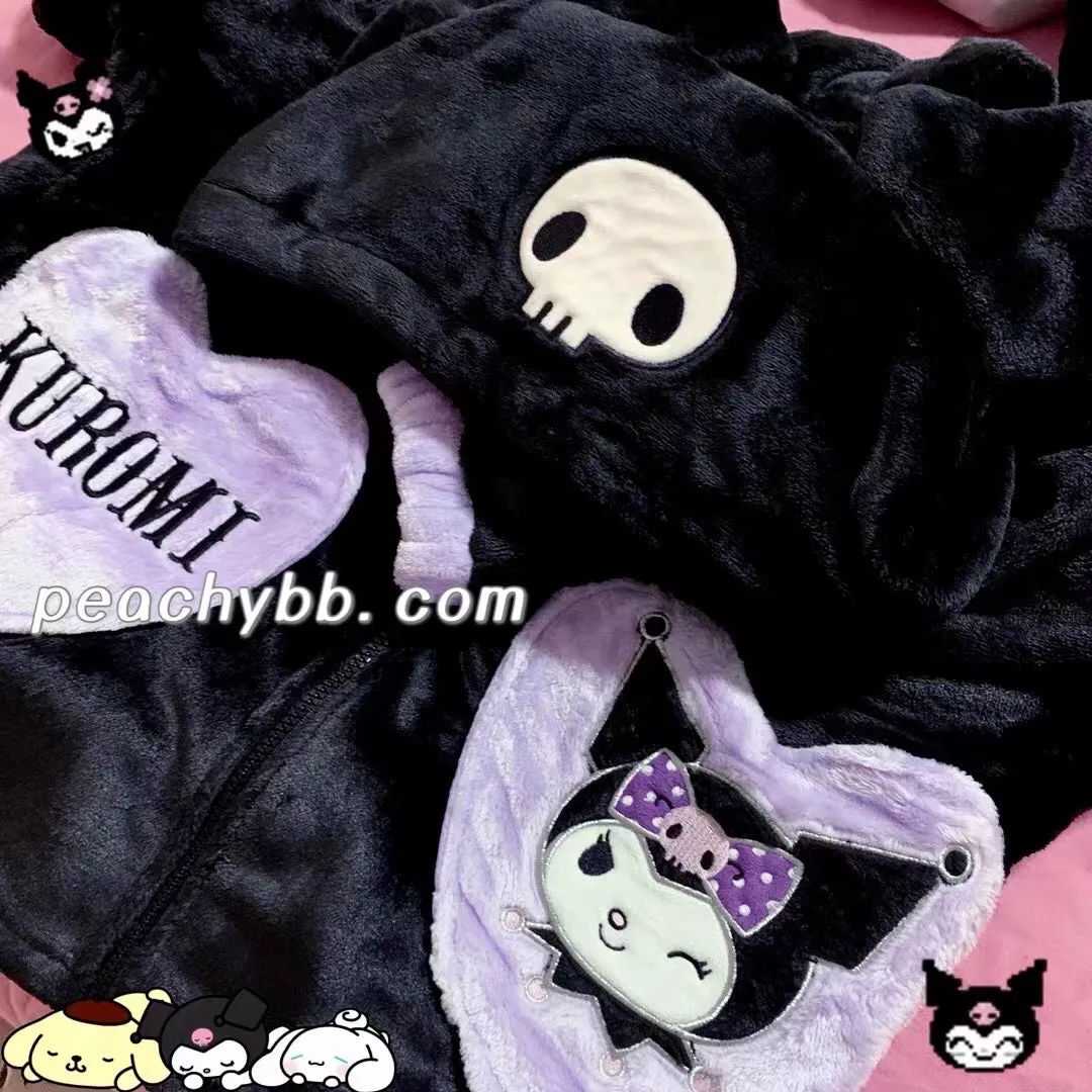 Kuromi Inspired Black Plush Hooded Pajama Night Gown Pyjamas with Heart Shape Pockets Cute Kawaii