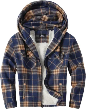 Mens Flannel Hoodie Jacket Fleece Lined Flannel Shirt Plaid Zip Up Sherpa Hooded Sweatshirt Warm Winter Coat