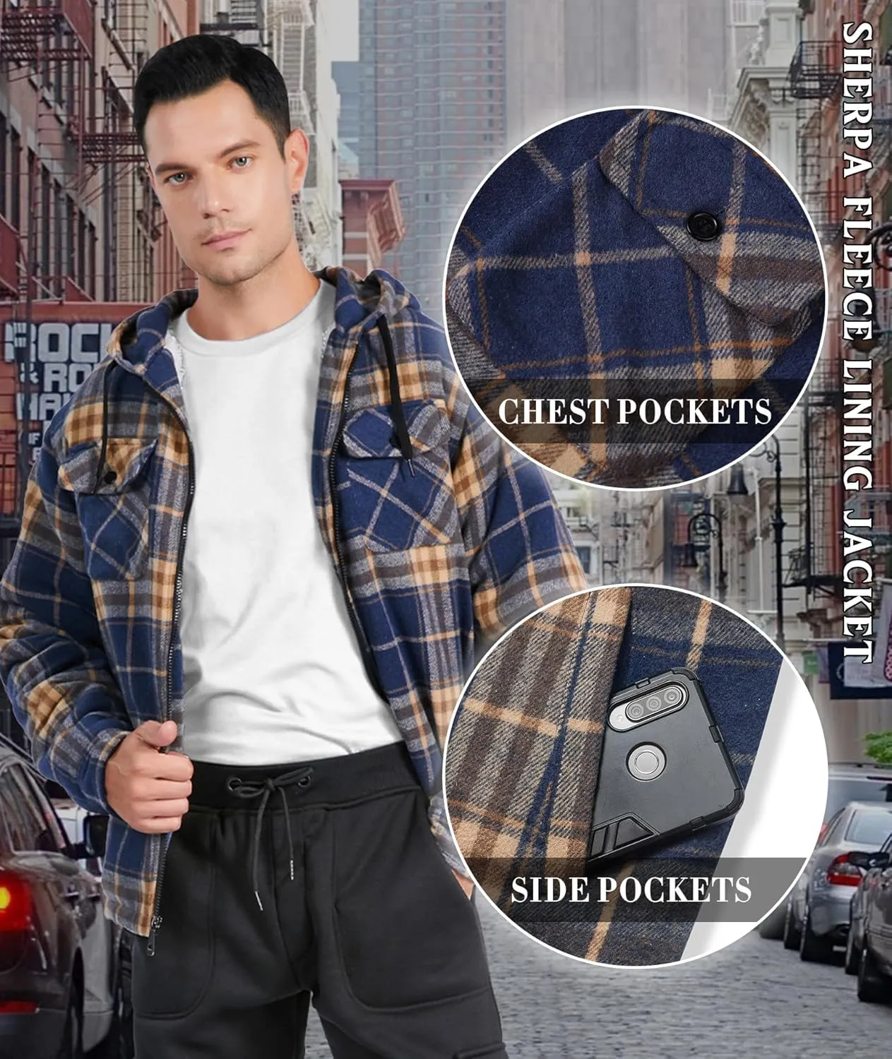Mens Flannel Hoodie Jacket Fleece Lined Flannel Shirt Plaid Zip Up Sherpa Hooded Sweatshirt Warm Winter Coat