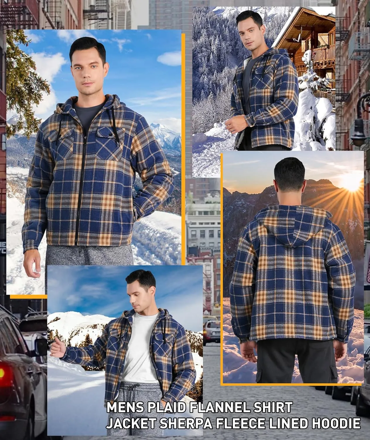 Mens Flannel Hoodie Jacket Fleece Lined Flannel Shirt Plaid Zip Up Sherpa Hooded Sweatshirt Warm Winter Coat