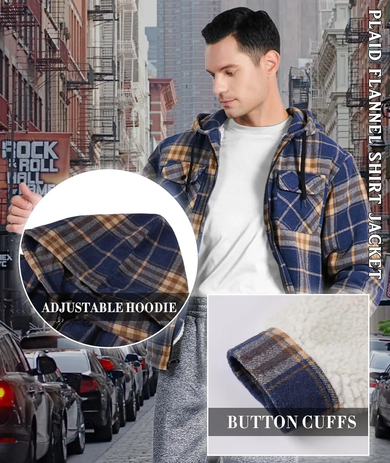 Mens Flannel Hoodie Jacket Fleece Lined Flannel Shirt Plaid Zip Up Sherpa Hooded Sweatshirt Warm Winter Coat