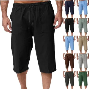 Muscularfit Mens Linen Shorts Capri Pants Baggy Drawstring Elastic Waist Beach Summer Cotton Linen Athletic Shorts Pockets