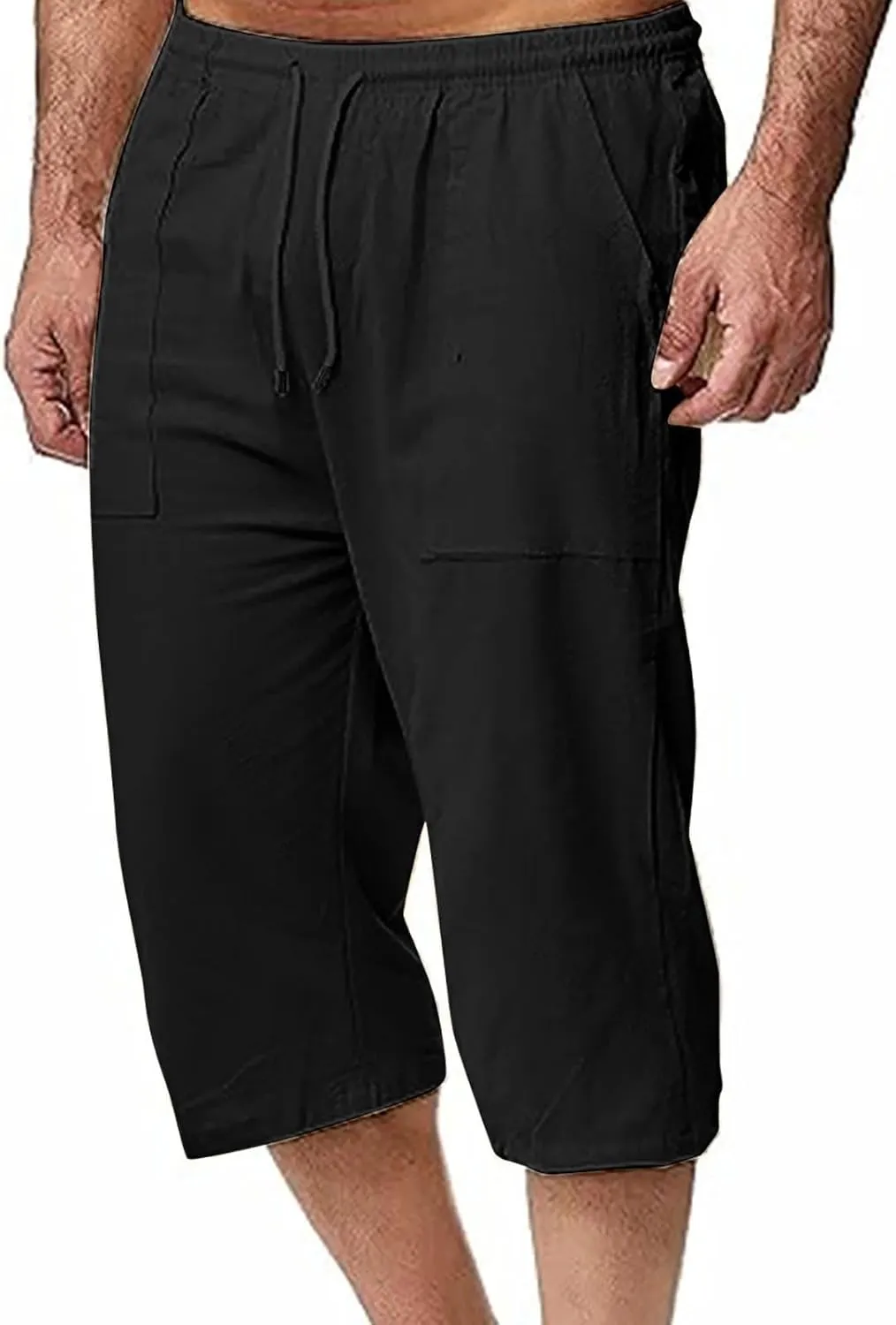 Muscularfit Mens Linen Shorts Capri Pants Baggy Drawstring Elastic Waist Beach Summer Cotton Linen Athletic Shorts Pockets