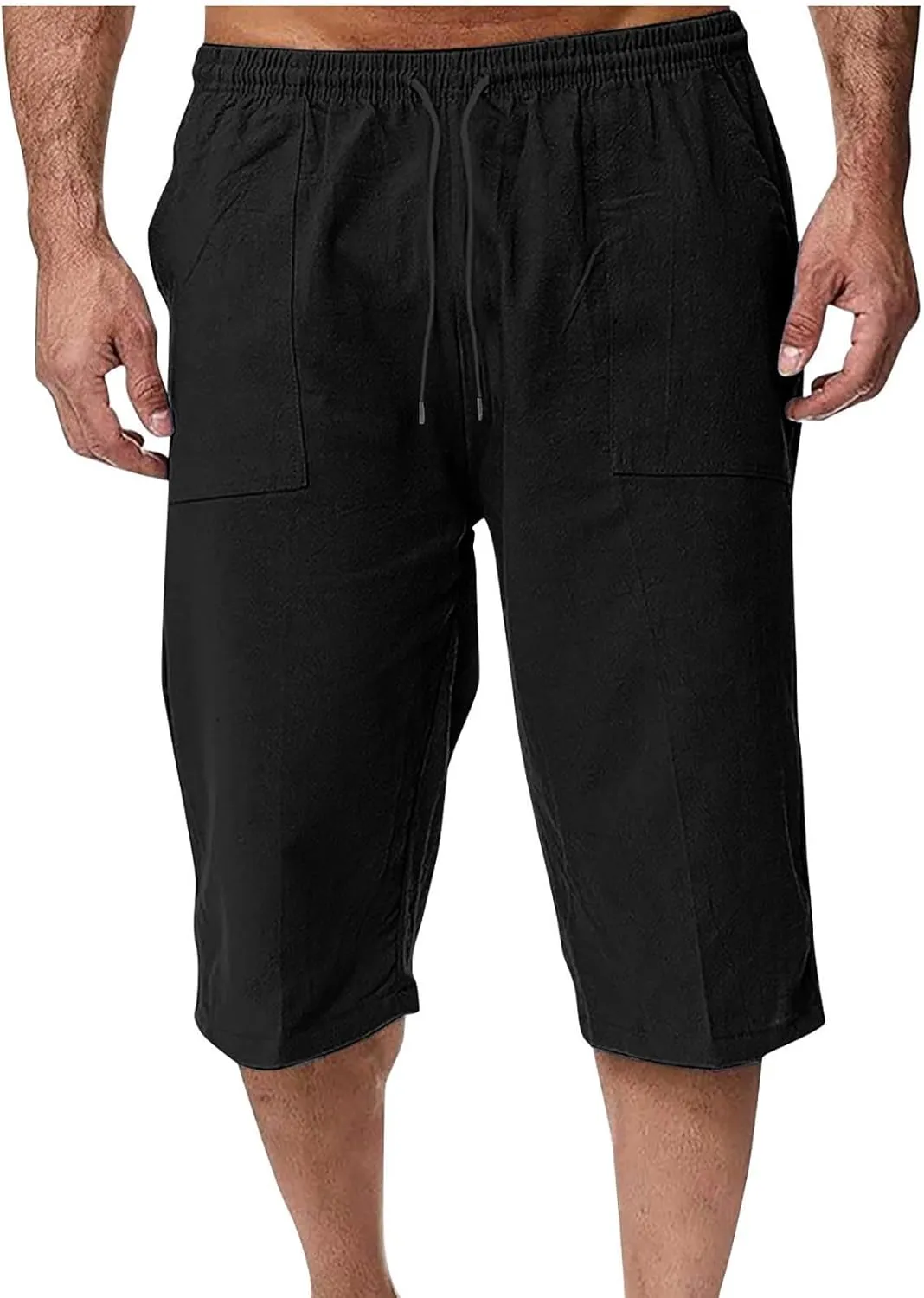 Muscularfit Mens Linen Shorts Capri Pants Baggy Drawstring Elastic Waist Beach Summer Cotton Linen Athletic Shorts Pockets
