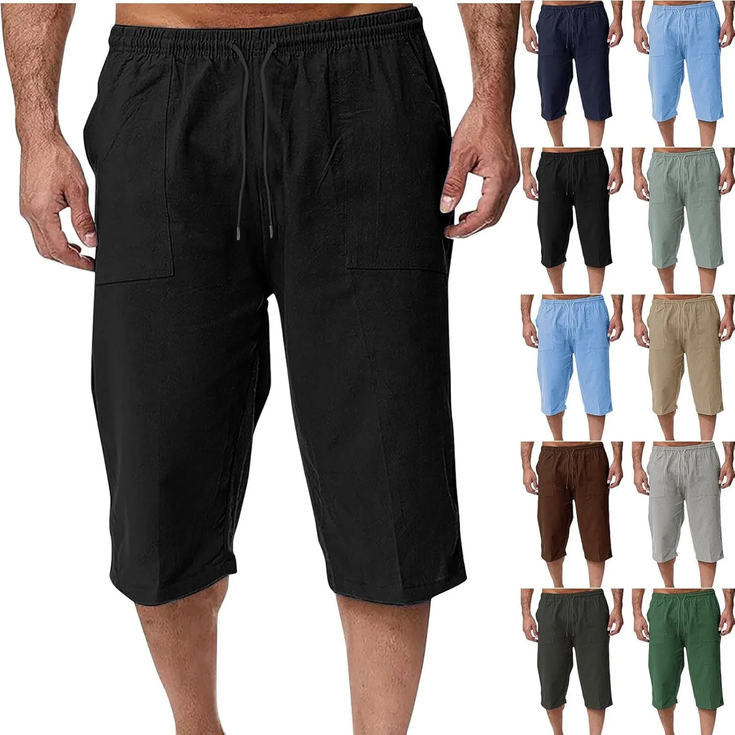 Muscularfit Mens Linen Shorts Capri Pants Baggy Drawstring Elastic Waist Beach Summer Cotton Linen Athletic Shorts Pockets