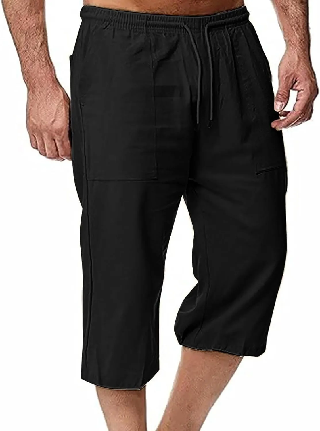 Muscularfit Mens Linen Shorts Capri Pants Baggy Drawstring Elastic Waist Beach Summer Cotton Linen Athletic Shorts Pockets