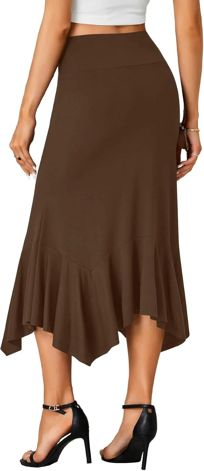 OPOIPIN Women's Stretchy High Waist Ruffle Asymmetrical Hem Flowy Midi Skirt