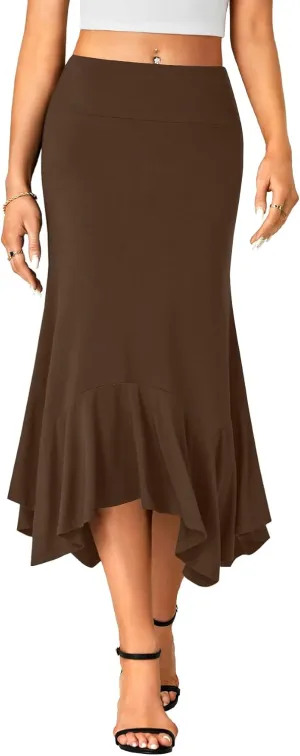 OPOIPIN Women's Stretchy High Waist Ruffle Asymmetrical Hem Flowy Midi Skirt