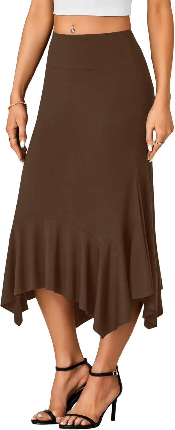 OPOIPIN Women's Stretchy High Waist Ruffle Asymmetrical Hem Flowy Midi Skirt