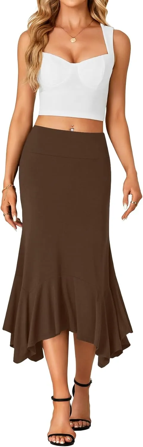 OPOIPIN Women's Stretchy High Waist Ruffle Asymmetrical Hem Flowy Midi Skirt