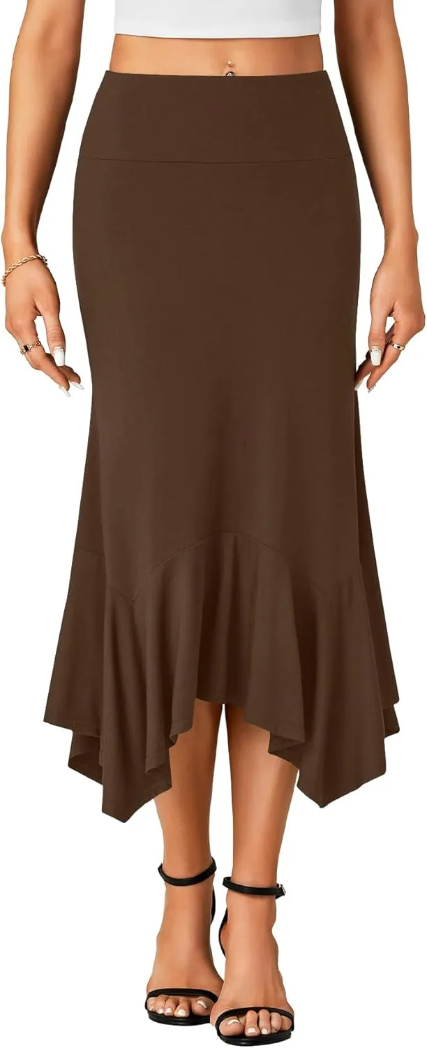 OPOIPIN Women's Stretchy High Waist Ruffle Asymmetrical Hem Flowy Midi Skirt