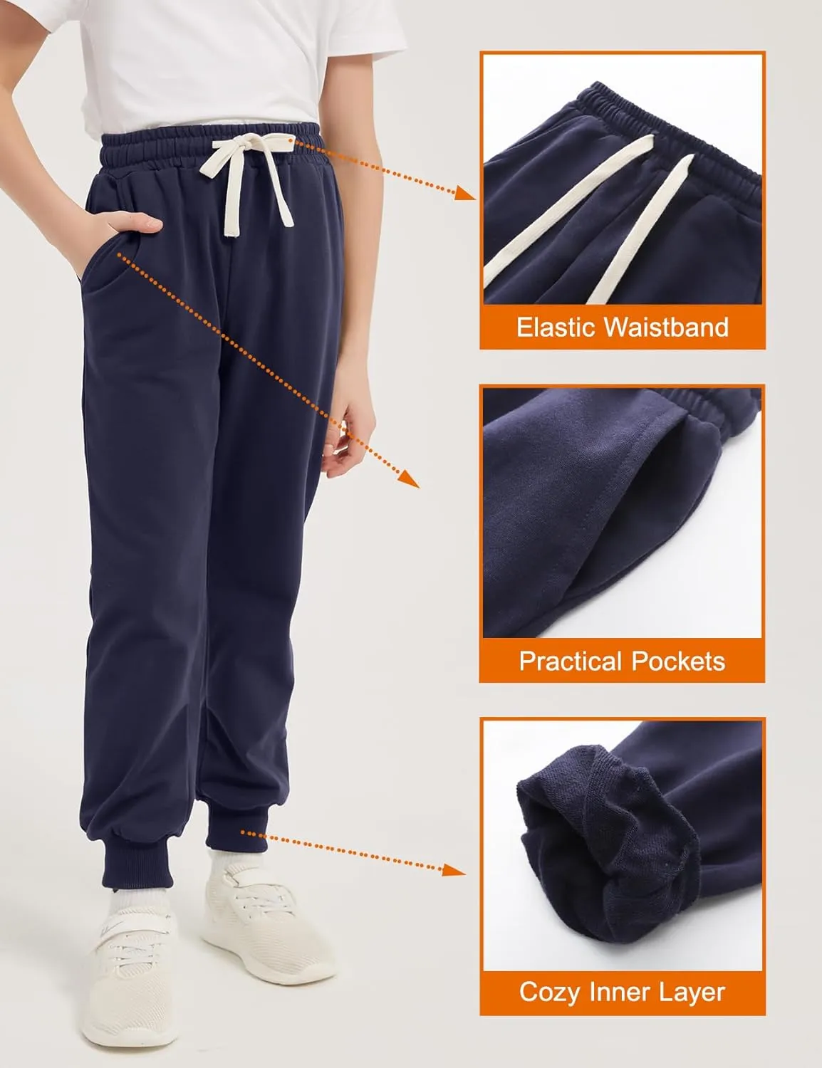 PEHMEA Boys Girls Sweatpants 3 Pack Active Jogger Pants with Pockets Drawstring for Kids 5-14 Years