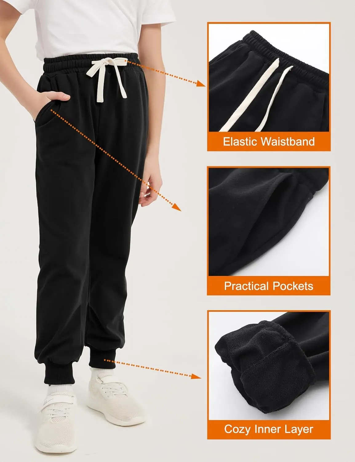 PEHMEA Boys Girls Sweatpants 3 Pack Active Jogger Pants with Pockets Drawstring for Kids 5-14 Years