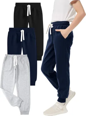 PEHMEA Boys Girls Sweatpants 3 Pack Active Jogger Pants with Pockets Drawstring for Kids 5-14 Years
