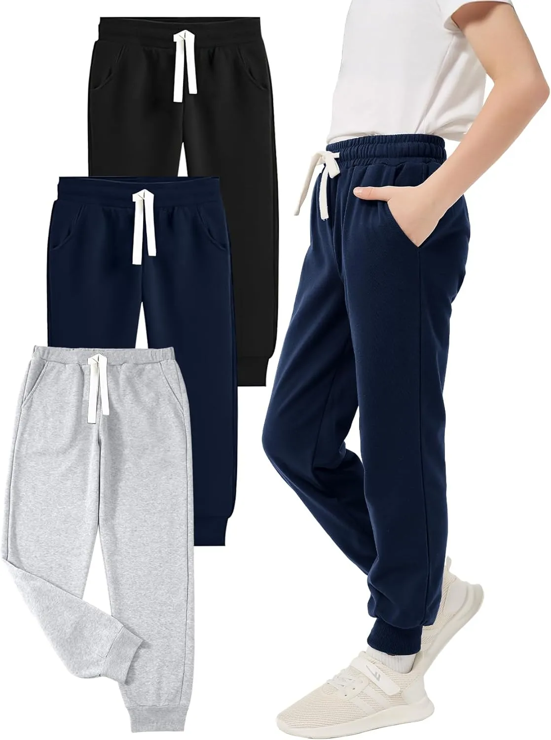 PEHMEA Boys Girls Sweatpants 3 Pack Active Jogger Pants with Pockets Drawstring for Kids 5-14 Years