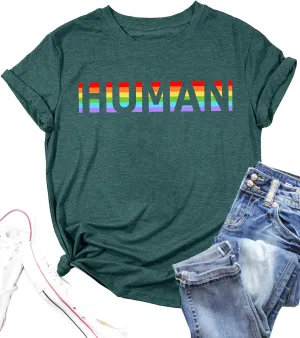 Pride Shirts for Women Human LGBT T-Shirt Rainbow Graphic Tee Shirt LGBTQ Equality Blouse Tops