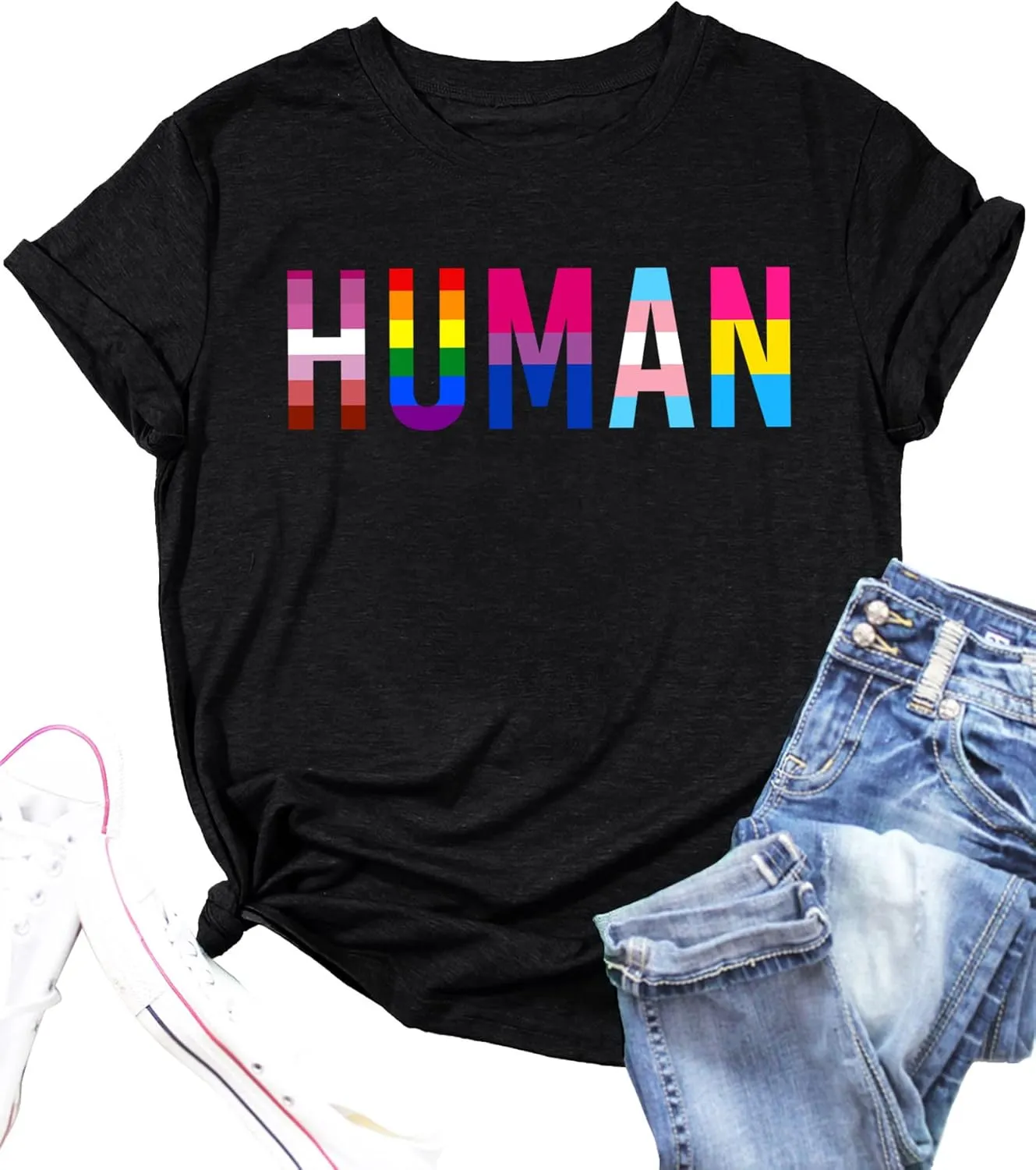 Pride Shirts for Women Human LGBT T-Shirt Rainbow Graphic Tee Shirt LGBTQ Equality Blouse Tops