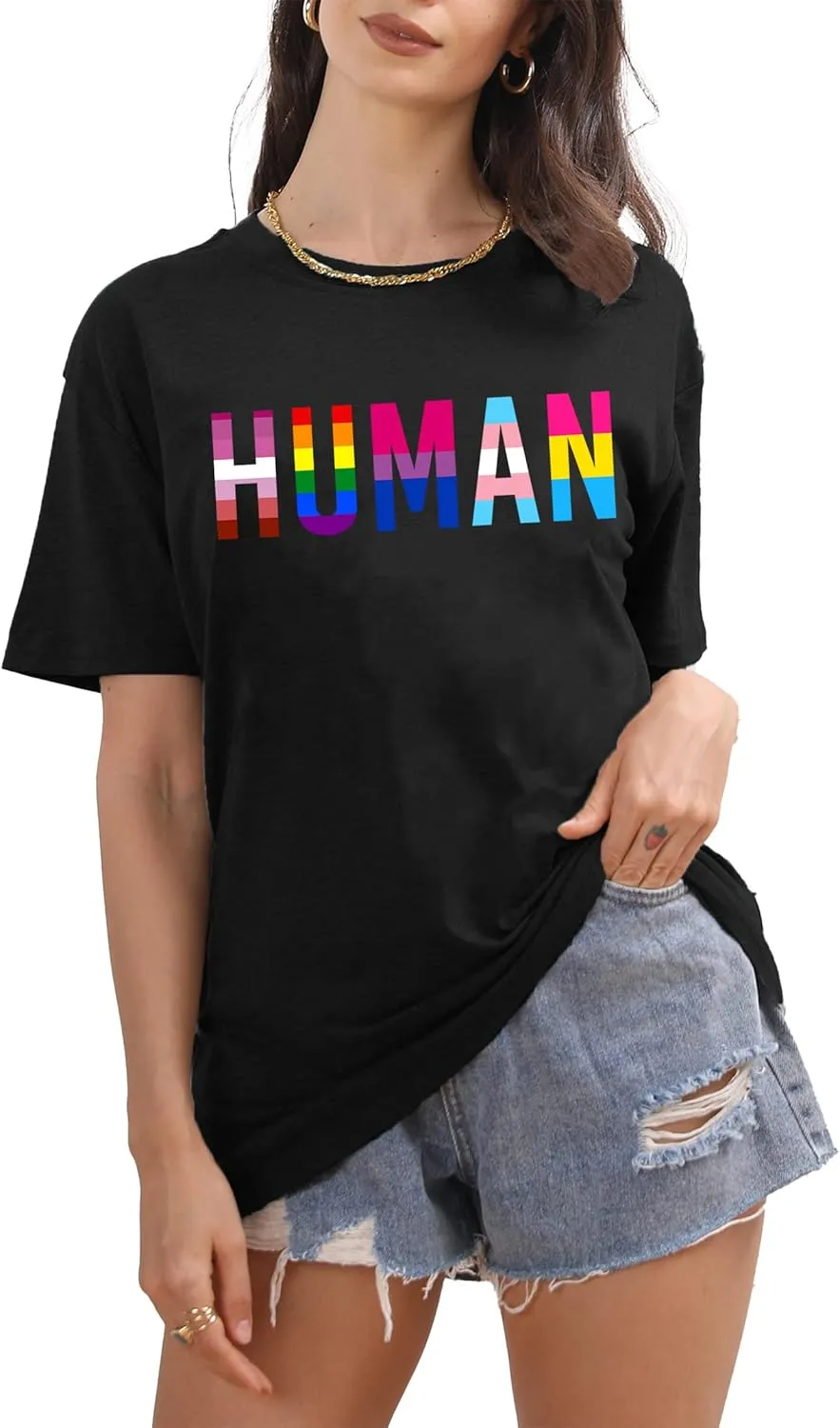 Pride Shirts for Women Human LGBT T-Shirt Rainbow Graphic Tee Shirt LGBTQ Equality Blouse Tops