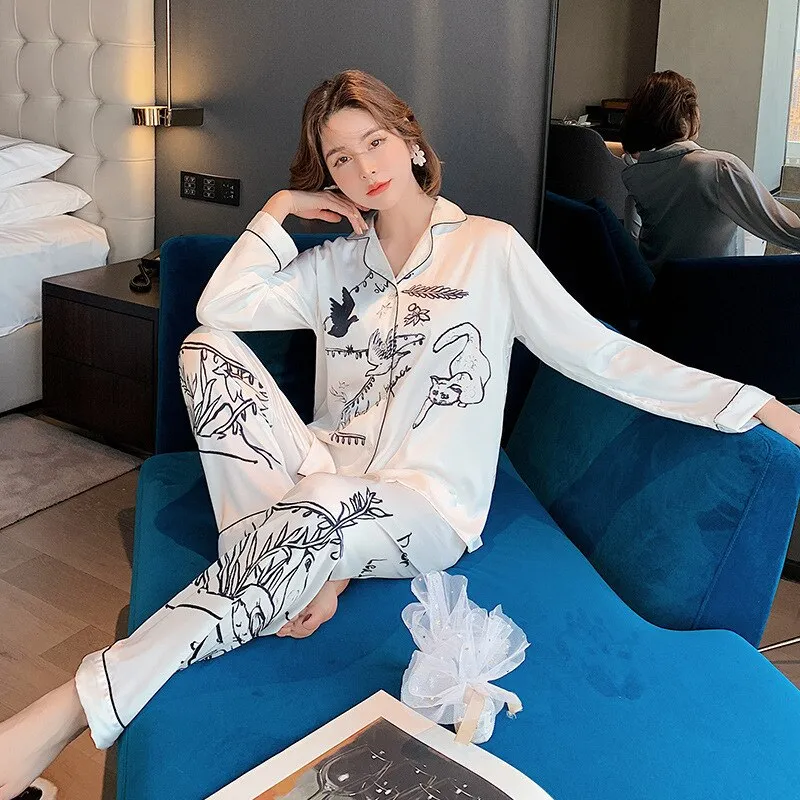 QSROCIO Women's Pajamas Set Luxury Style Fashion Natural Animal Graffiti Sleepwear Silk Like Leisure Home Clothes Nightwear