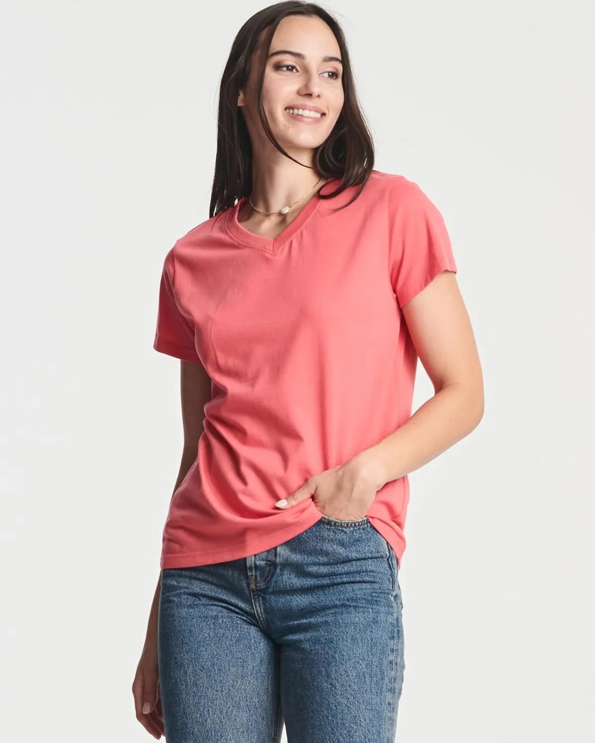 Real Essentials 4 Pack: Women's Classic-Fit Cotton Short-Sleeve V-Neck T-Shirt (Available in Plus Size)