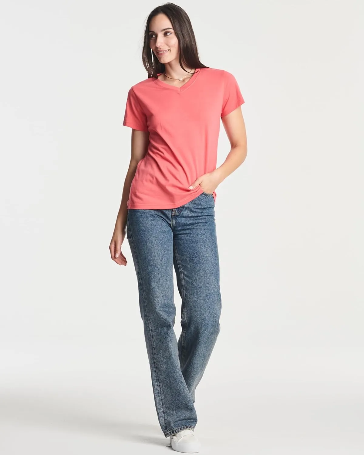 Real Essentials 4 Pack: Women's Classic-Fit Cotton Short-Sleeve V-Neck T-Shirt (Available in Plus Size)
