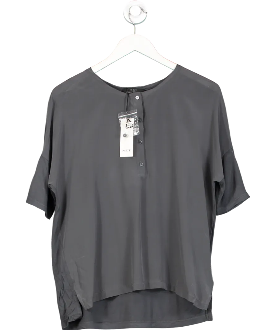 SET Grey Zoey 100% Silk Button T-shirt UK 8