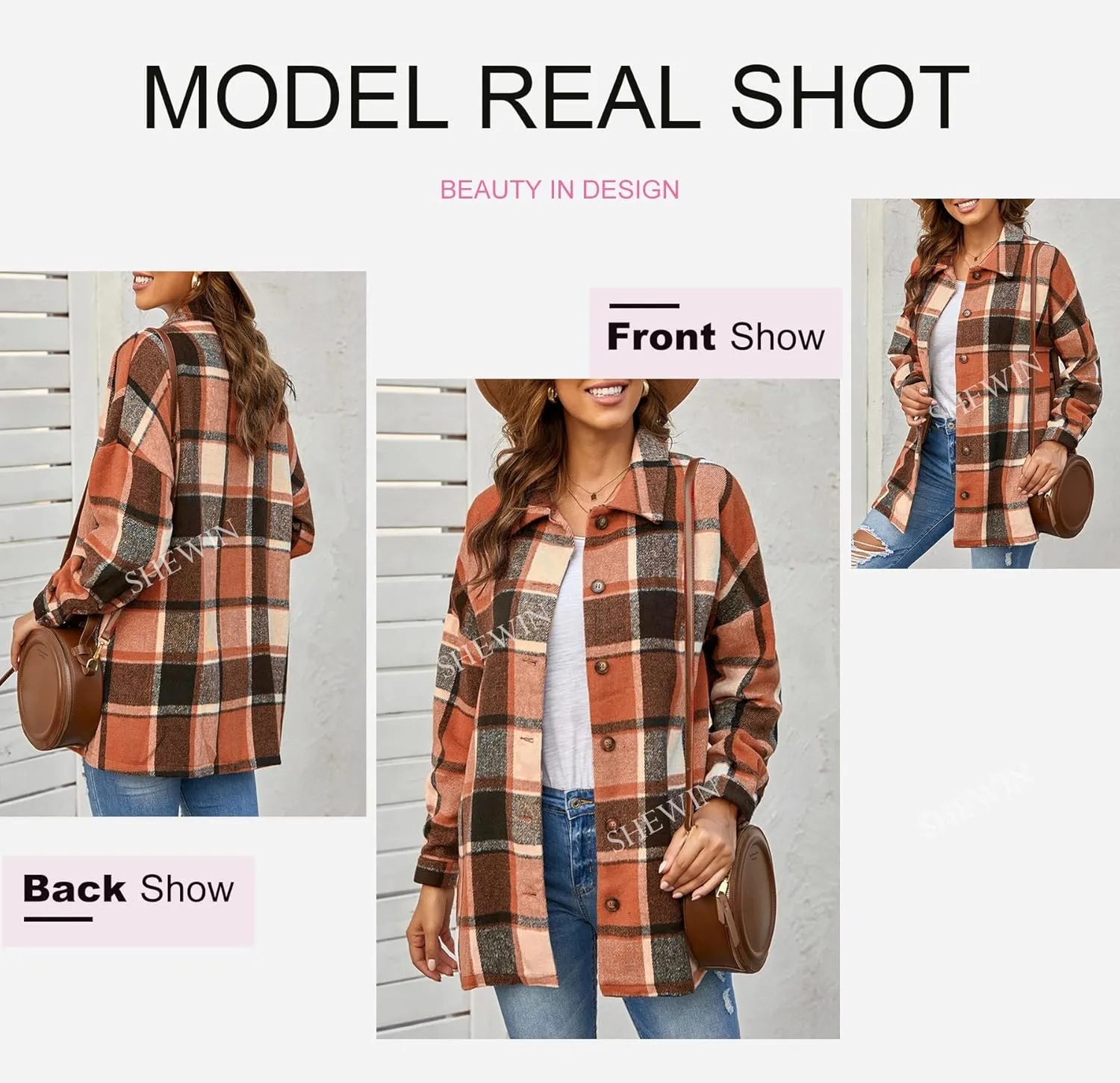 SHEWIN Womens Long Sleeve Plaid Shirts Flannel Lapel Button Down Shacket Jacket Coats