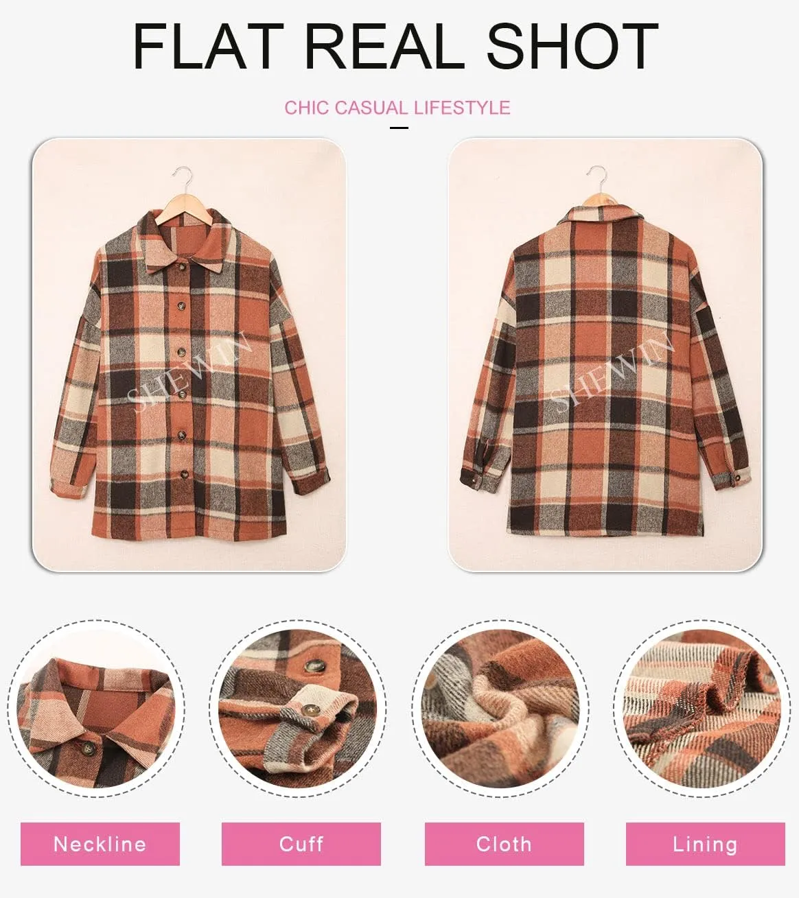 SHEWIN Womens Long Sleeve Plaid Shirts Flannel Lapel Button Down Shacket Jacket Coats