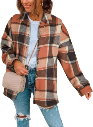 SHEWIN Womens Long Sleeve Plaid Shirts Flannel Lapel Button Down Shacket Jacket Coats