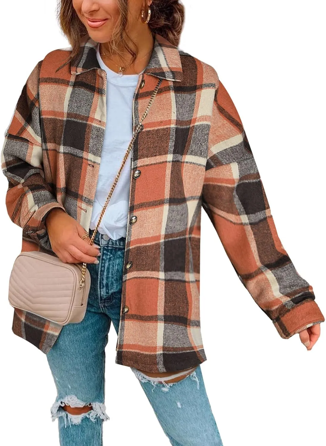 SHEWIN Womens Long Sleeve Plaid Shirts Flannel Lapel Button Down Shacket Jacket Coats
