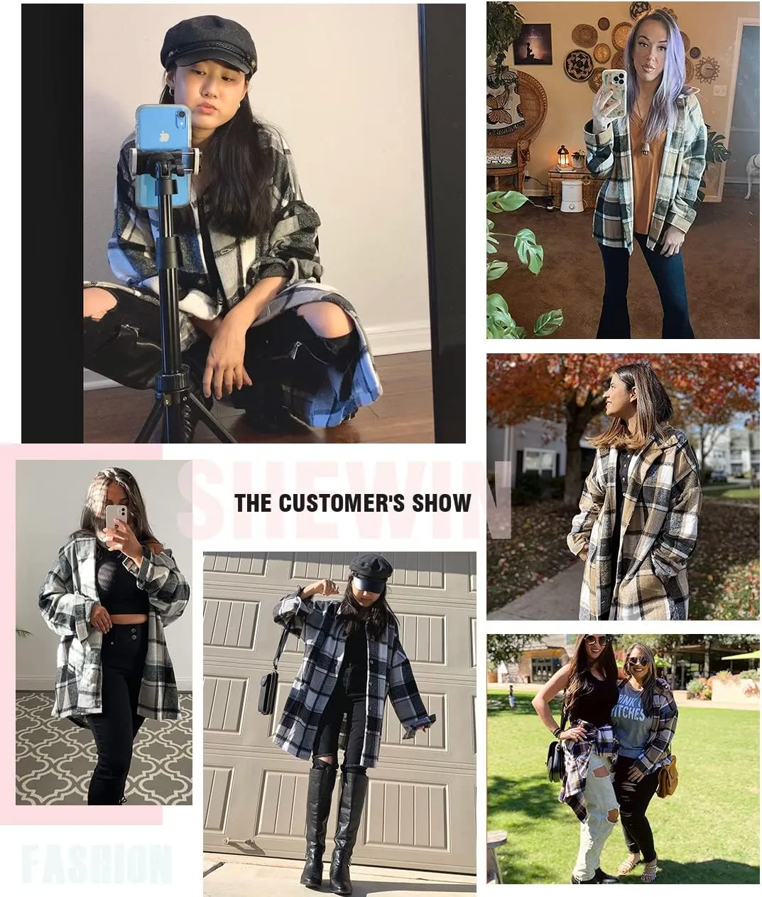 SHEWIN Womens Long Sleeve Plaid Shirts Flannel Lapel Button Down Shacket Jacket Coats