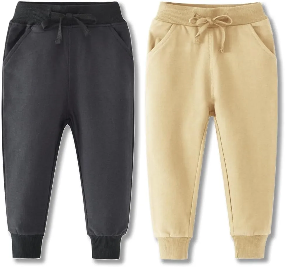 Toddler Boys Jogger Pants Boy Cotton Drawstring Elastic Waist Sweatpants Joggers 2 Pack Set 2-7T