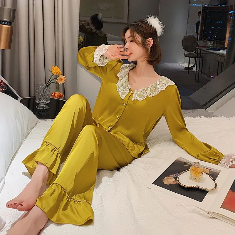 Wenkouban High Quality Women's Pajamas Set Court Style Ruffle and Lace Sleepwear Silk Like Nightie Leisure Home Clothes Nightwear