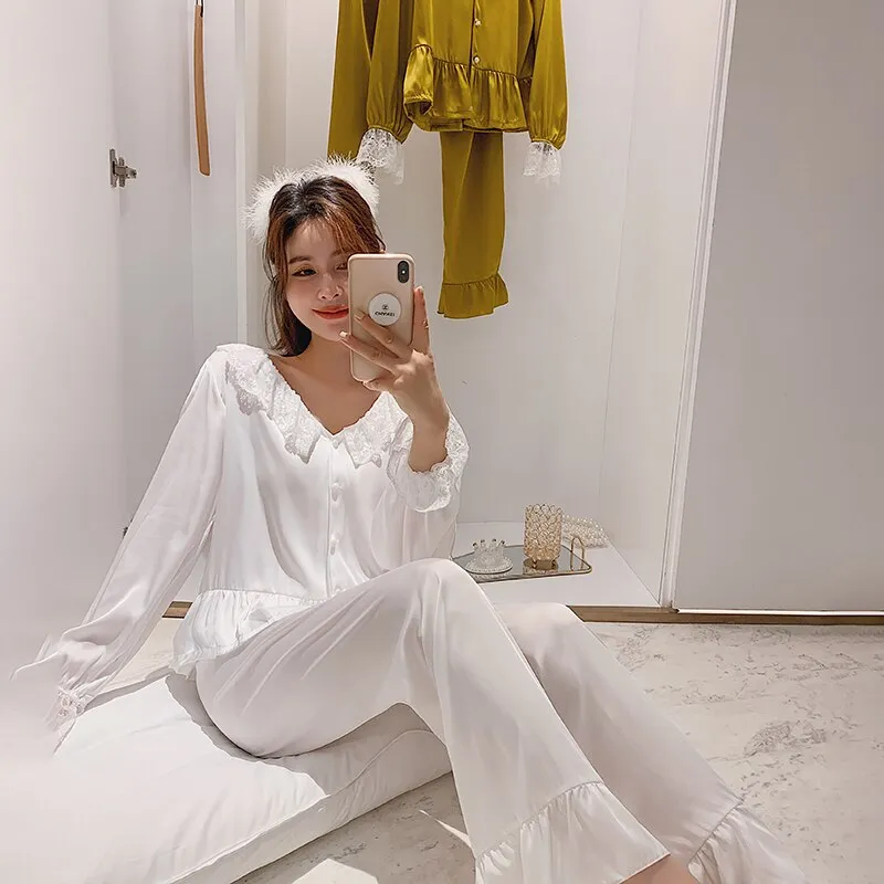 Wenkouban High Quality Women's Pajamas Set Court Style Ruffle and Lace Sleepwear Silk Like Nightie Leisure Home Clothes Nightwear
